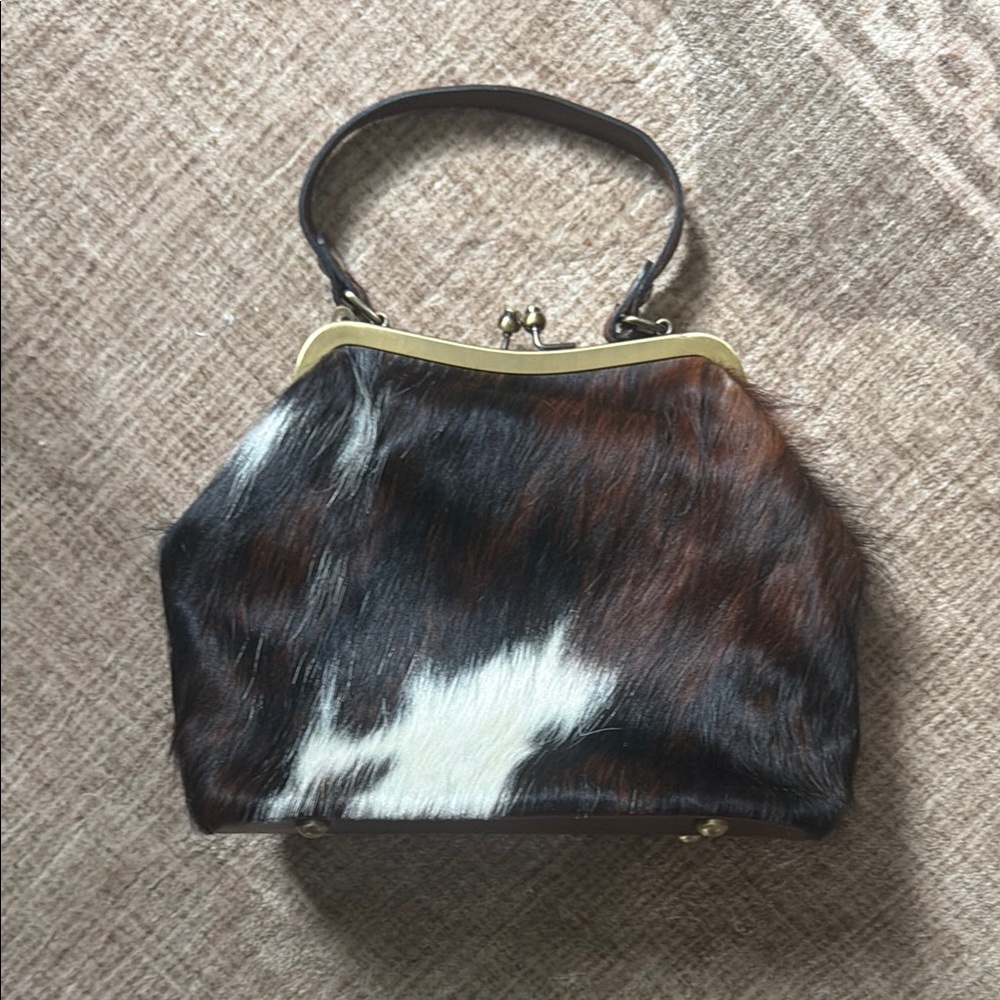Cowhide Frame-Top Handbag in Brown & White Patricia Nash Brand